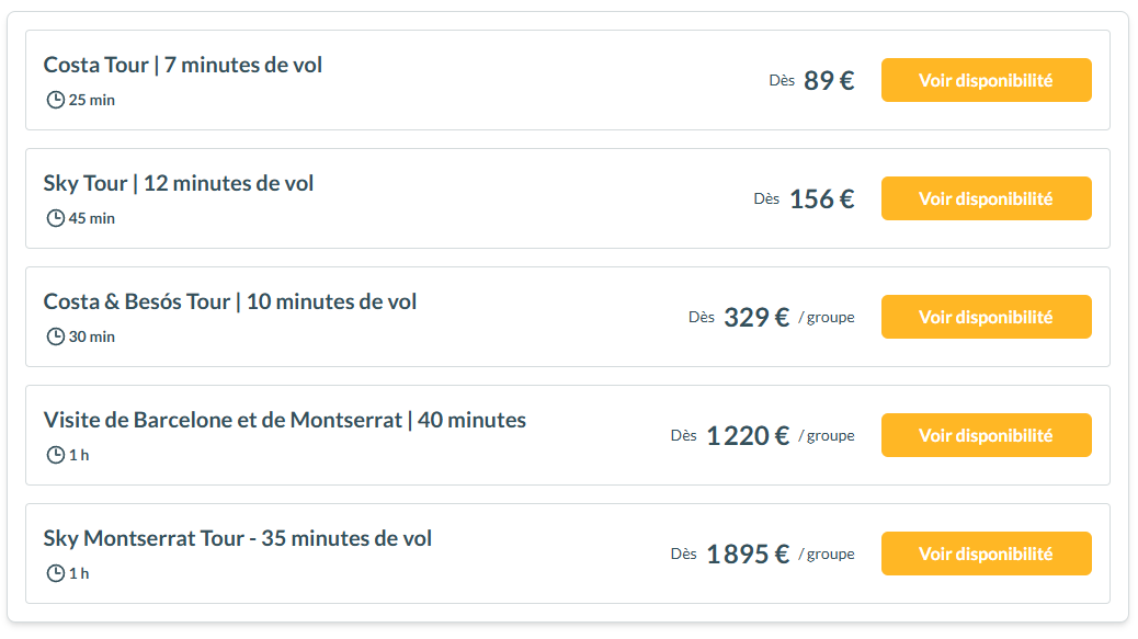 grille tarifaire des vols en hélicoptère à Barcelone