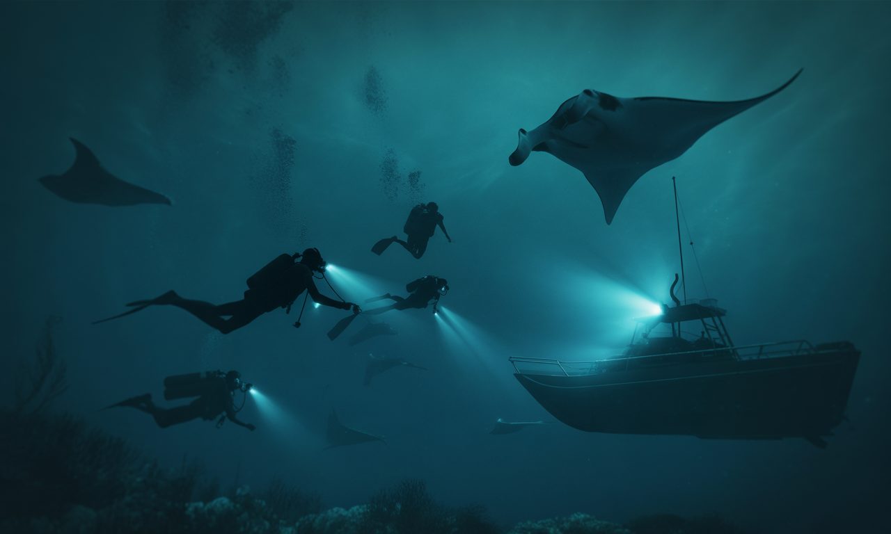 découvrez le spectacle fascinant des raies nocturnes, une expérience rare et magique lors des plongées de nuit sous-marine.